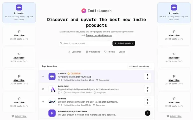 Screenshot of the IndieLaunch homepage